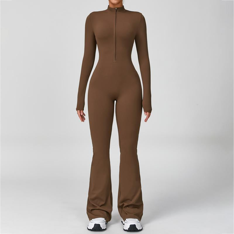 Women'S Long Sleeve Flared Sports Jumpsuit - Zipper Jumpsuit, Wide Leg Bodysuit, Sexy One-Piece Yoga Jumpsuit, Fitness Activewear for the Gym, Pilates, Casual or Street Wear, Tennis Skirt with Shorts and Tie-Front Activewear Sporty Yoga Set